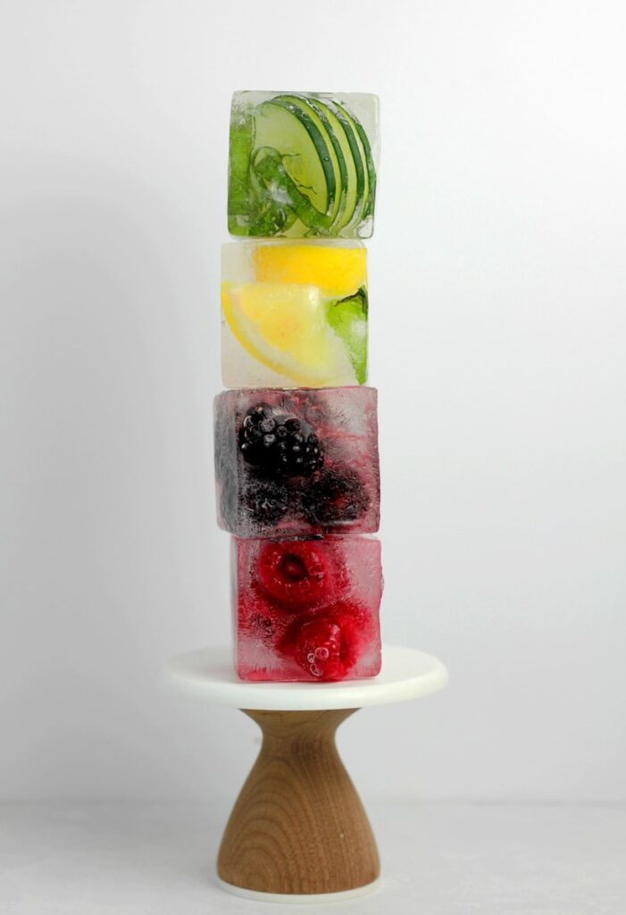 stacked ice cubes of different flavors