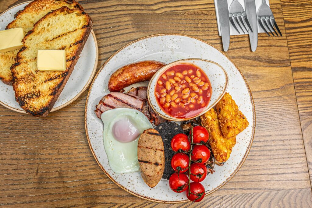 a plate of food on a wooden table